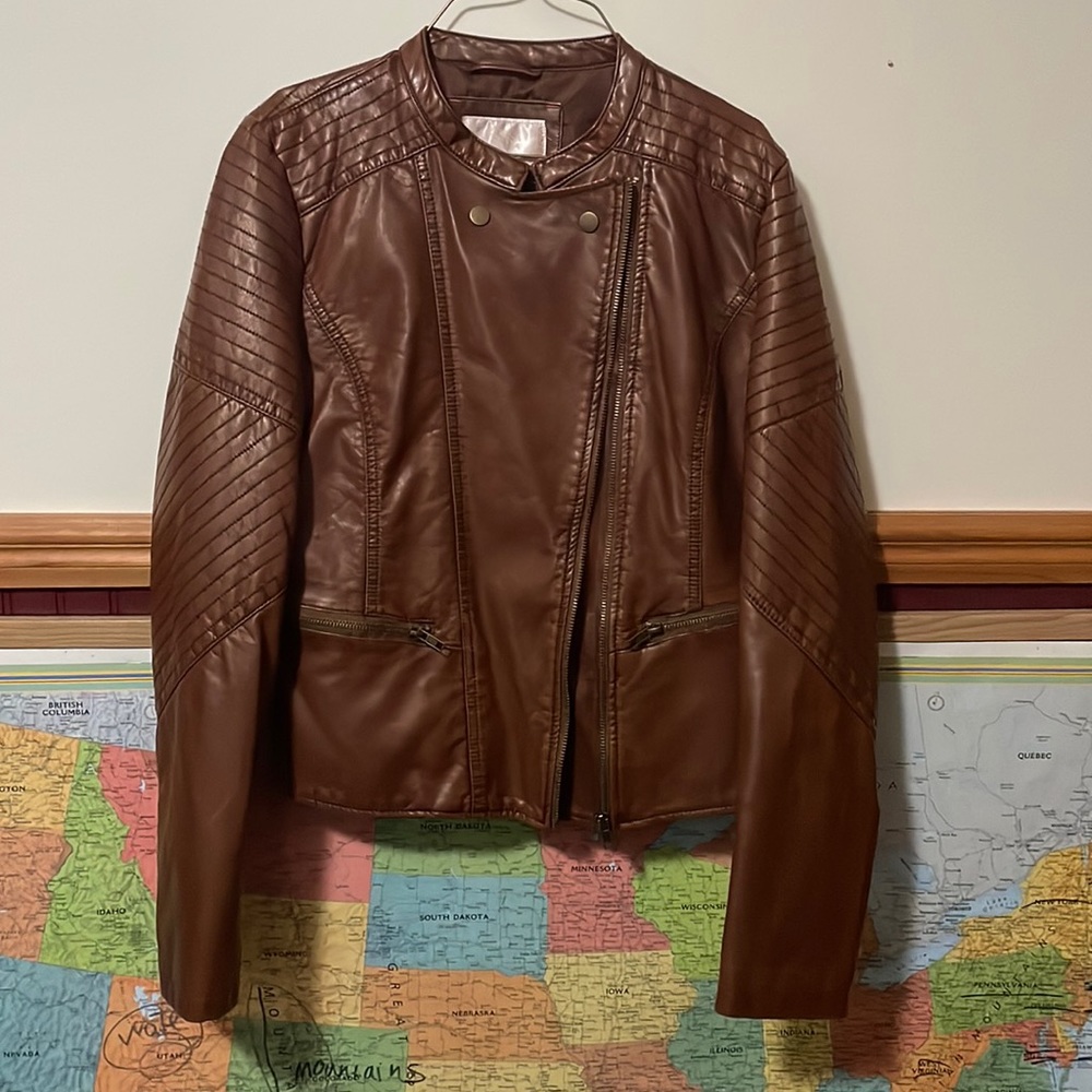Xhilaration Brown Faux Leather Moto Bomber Jacket with Pockets; Size L